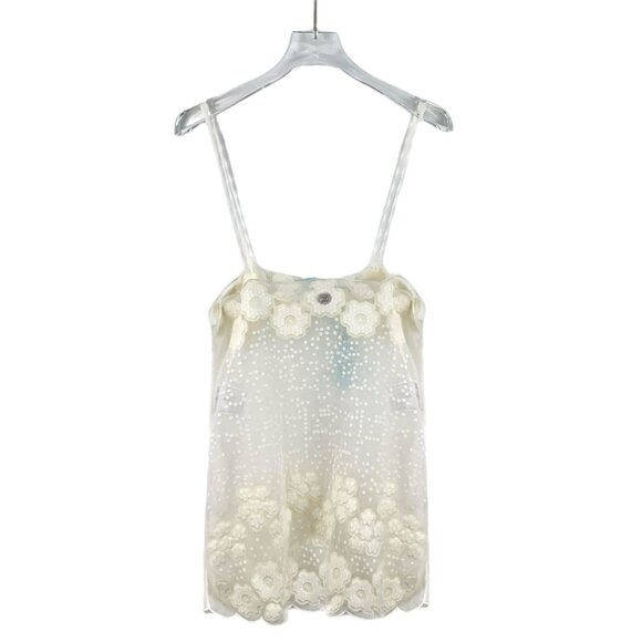 HW0075 Chanel Chanel off-white sequin camellia embroidered cotton lace suspender - Picture 1 of 8